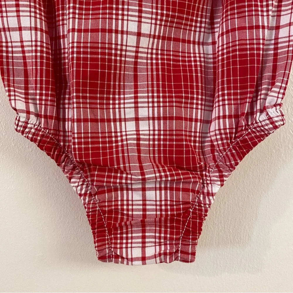 Red and white plaid long sleeve bodysuit with point collar